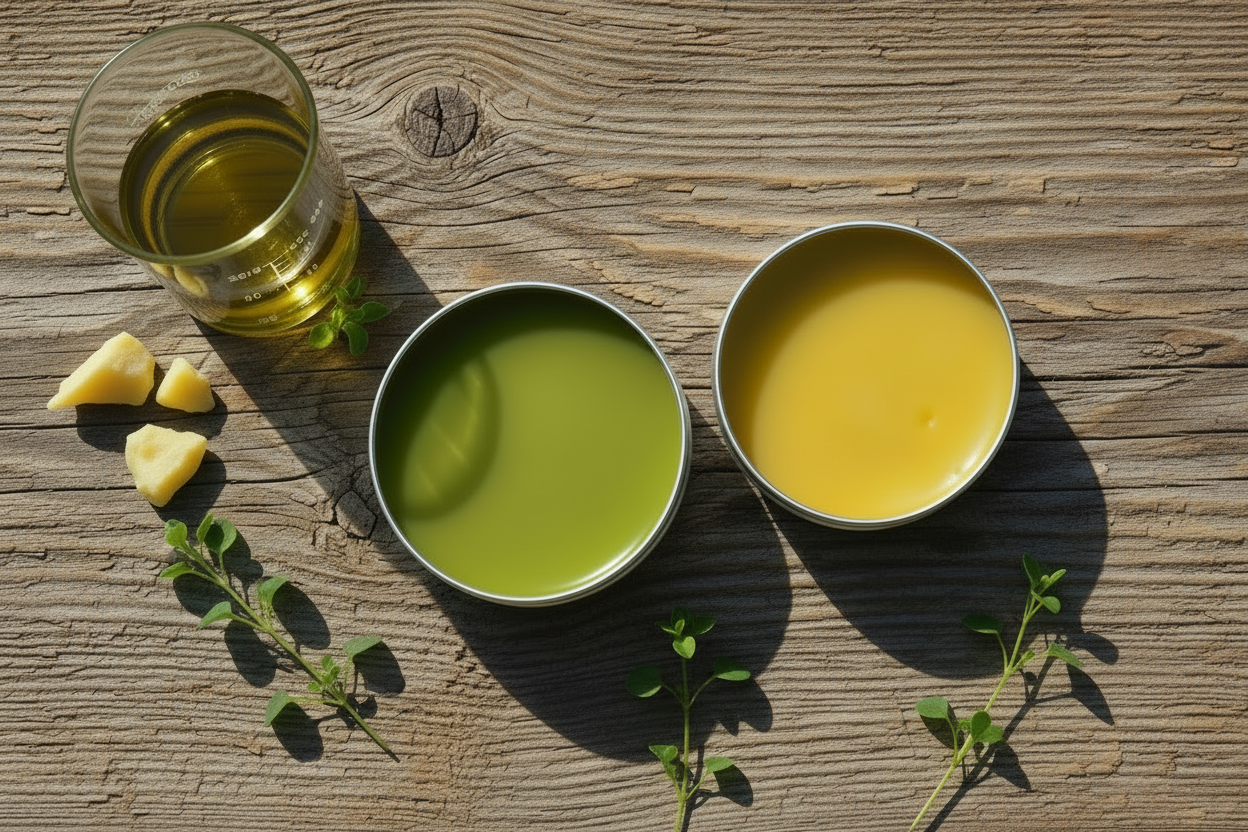 Herbal salve with greenery only at bottom